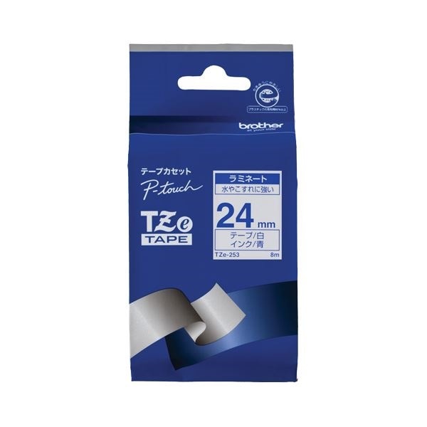 （まとめ） ブラザー BROTHER ピータッチ TZeテープ ラミネートテープ 24mm 白／青文字 TZE-253 1個 6セット