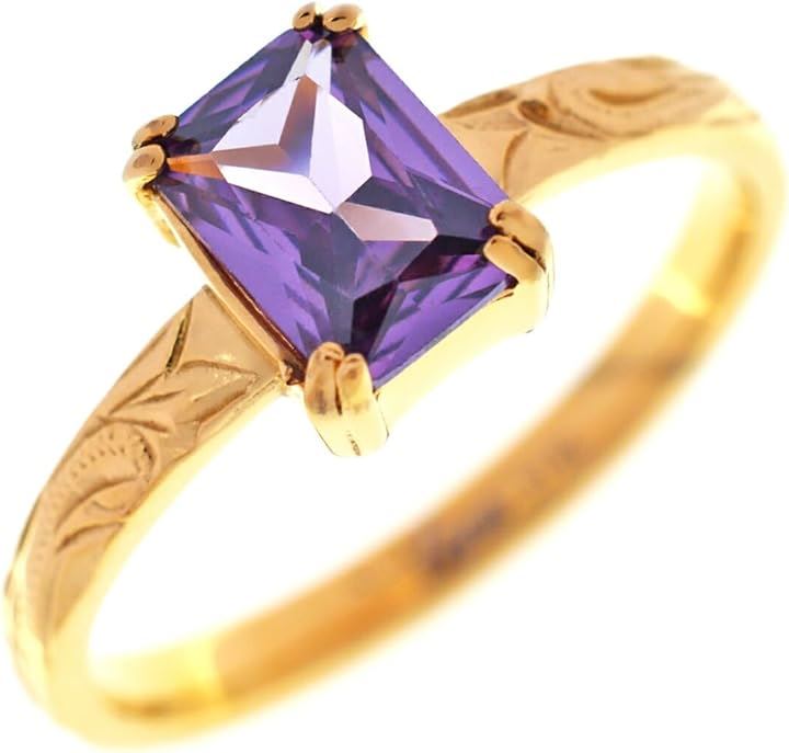 Piena ピエナ サージカルステンレス キュービックジルコニア ハワイアンジュエリー スクエアストーン スクロール プルメリア リング レディース(ゴールド/アメジスト, 13号)