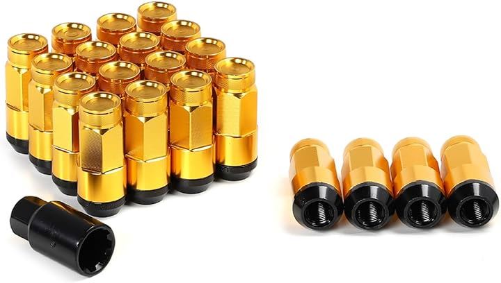 スチール製 ホイールナット タイヤナット レーシングナット 上下分割式 盗難防止 M12 x P1.5 専用ソケット付き 20本セット(ゴールド)