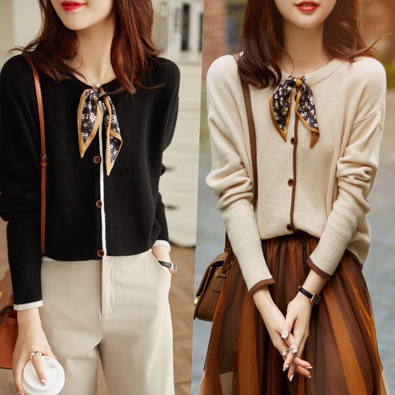 3カラー トップス レディース ニット カーディガン セーター 前開き ラウンドネック 袖あり 長袖 リボン タイ スカーフ ブラウン ブラック 黒 ベージュ アプリコット エレガント 大人っぽい