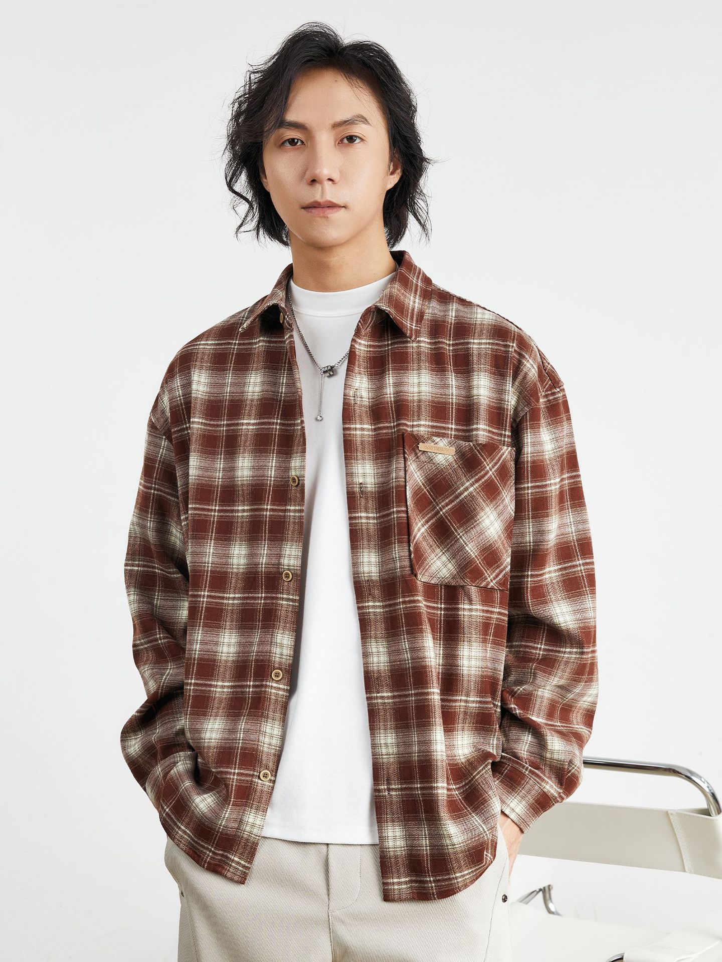ブラウス メンズ 長袖 韓国 チェック柄シャツメンズロングスリーブ春レトロポケットシャツジャケット メンズファッション アウター オフィス シャツ