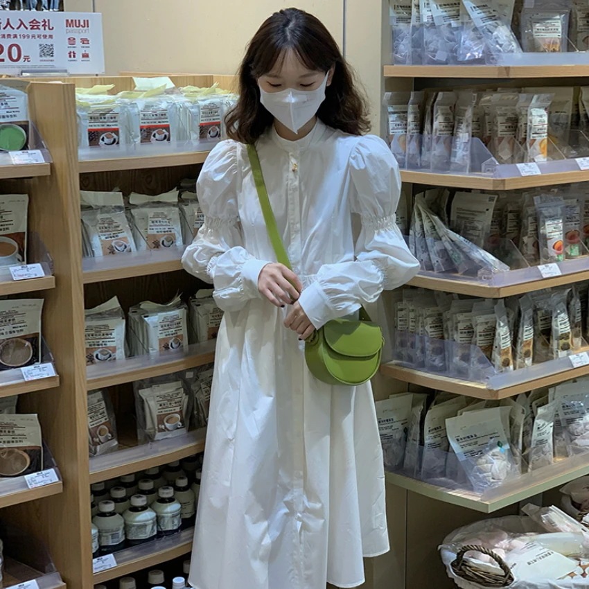 ワンピース ロングスカート シャツワンピース ロング丈 袖あり 長袖 スタンドカラー Aライン ハイウエスト かわいい 大人可愛い きれいめ シンプル カジュアル おしゃれ お洒落 メンズライク