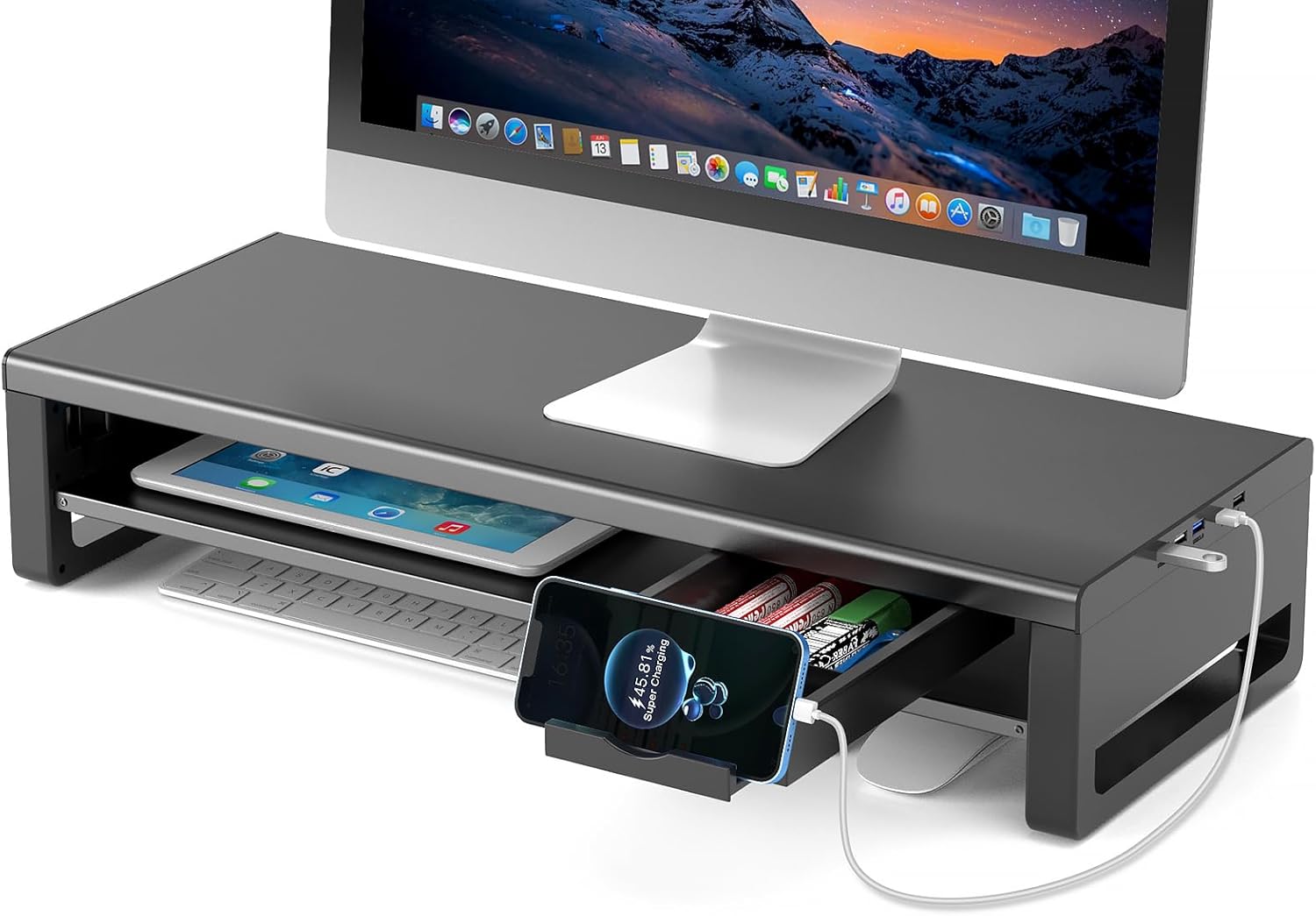 モニター台 USB2.0/3.0データ転送付き 机上台 USB/TYPE-C充電付き モニタースタンド 引き出しとスマホホルダー付き 二段式 パソコン 台 ノートパソコン/プリンター/iMac/タブレ