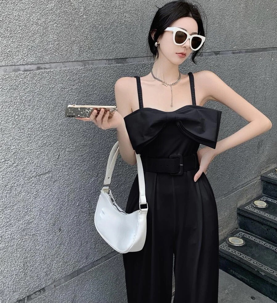 ベルト付き ビッグリボン キャミソール オールインワン 2点セット ボトムス パンツ ズボン ワイドパンツ ストレート ロング丈 袖なし ノースリーブ リボン ベルト ウエストマーク ハイウエスト