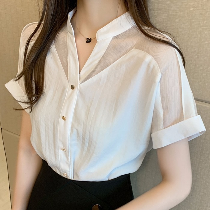 シャツ ブラウス カットソー レディース 半袖 Vネック シアー シースルー かわいい 大人可愛い きれいめ シンプル カジュアル 無地 夏 ママ 学生 デート ホワイト ネイビー ブラック トップス