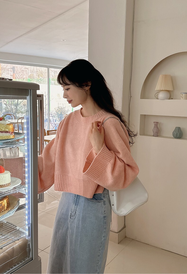 トップス ニットソー セーター プルオーバー ショート ショート丈 袖あり 長袖 ボリューム袖 ラウンドネック クルーネック もこもこ モコモコ ふわふわ ポリエステル アクリル かわいい 大人可愛い