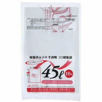 ジャパックス 容量表示入ポリ袋45L ピンクリボン 白半透明 10枚x60冊 TSP45