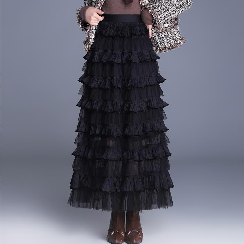 ティアードスカート ロング レディース ボトムス ガーリー マキシスカート ファッション メッシュ ハイウエスト 秋冬 ブラック パープル カーキ