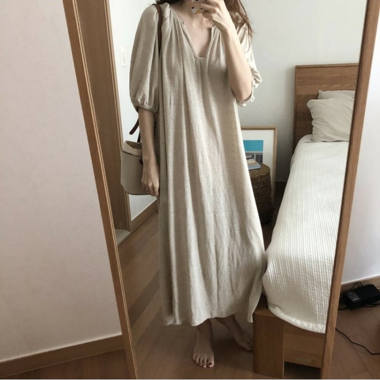 ワンピース レディース キーネックシャツワンピース ラグラン ロング ドレス 半袖 Vネック ドロップショルダー ミモレ丈 ベージュ 黒 ブラック ワンピドレス 大人可愛い きれいめ 上品