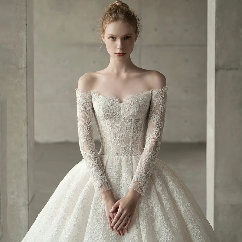 ウェディングドレス レディース 二次会 花嫁ドレス 結婚式 パーティードレス マーメイドライン レトロ オフショルダー Vネックサテン　ライドウェディング(M-0069)