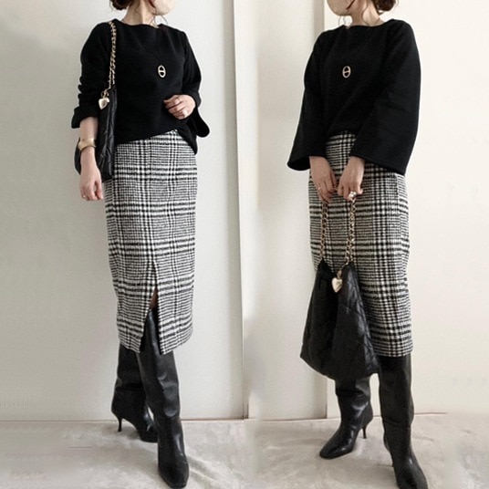 【女性大人気】 きれいめ系ラウンドネック無地セーター＋千鳥格子スカートワンピースセット
