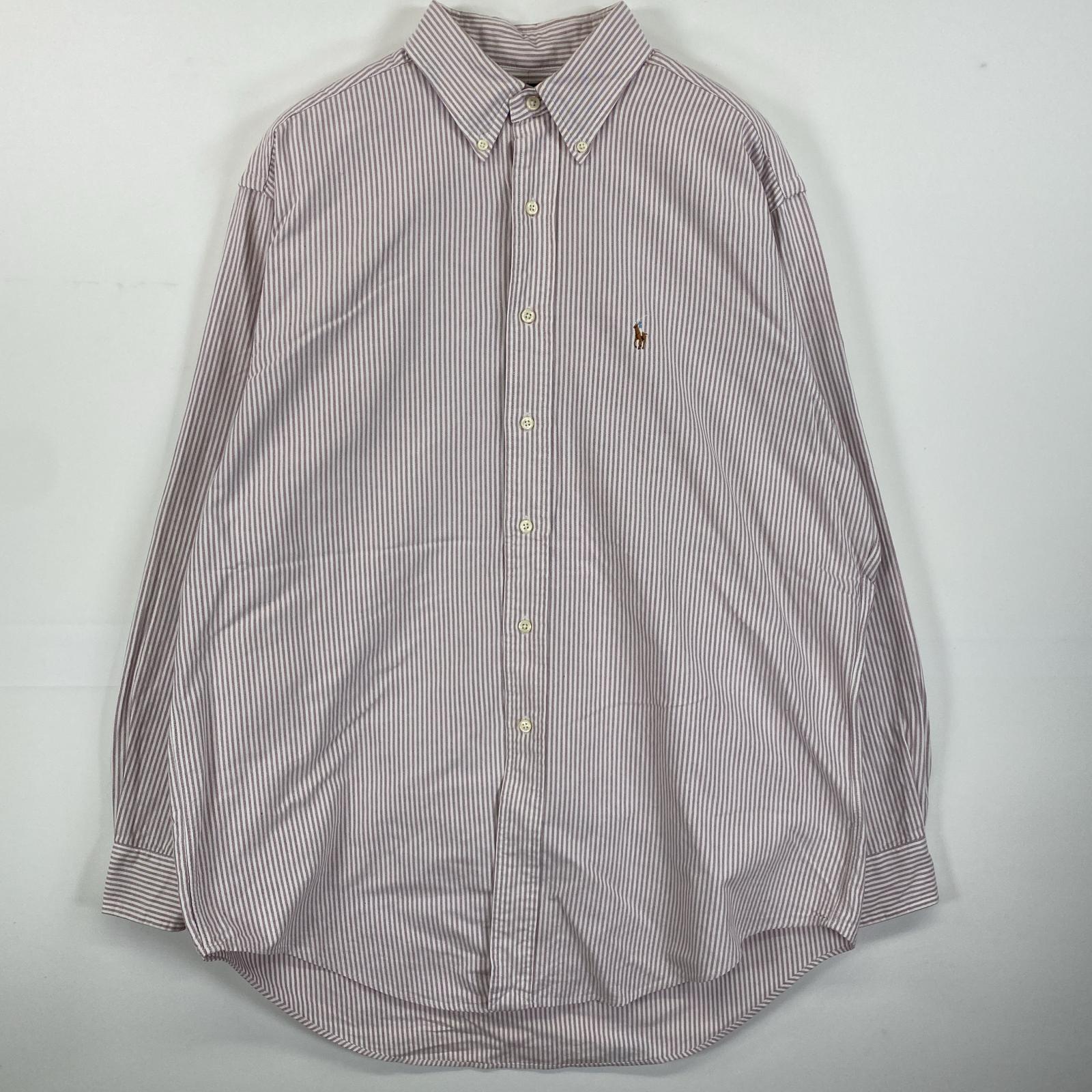 古着 90s/90年代 長袖シャツ ボタンダウン ワンポイントロゴ刺繍 オックスフォード L ピンク系 ストライプ メンズ