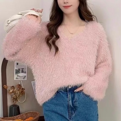 レディース トップス ニット セーター プルオーバー 長袖 Vネック フェミニン もこもこ ふわふわ かわいい 大人可愛い きれいめ シンプル おしゃれ ガーリー ラブリー キュート ロマンティック