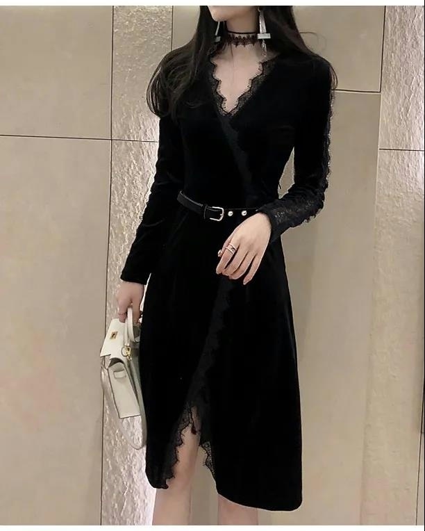 ワンピース 膝丈 ひざ丈 膝下 長袖 Vネック フリル かわいい 大人可愛い きれいめ シンプル 大人 上品 おしゃれ お洒落 かっこいい レトロ 大人可愛い 大人女子 こなれ感 ラフ クール