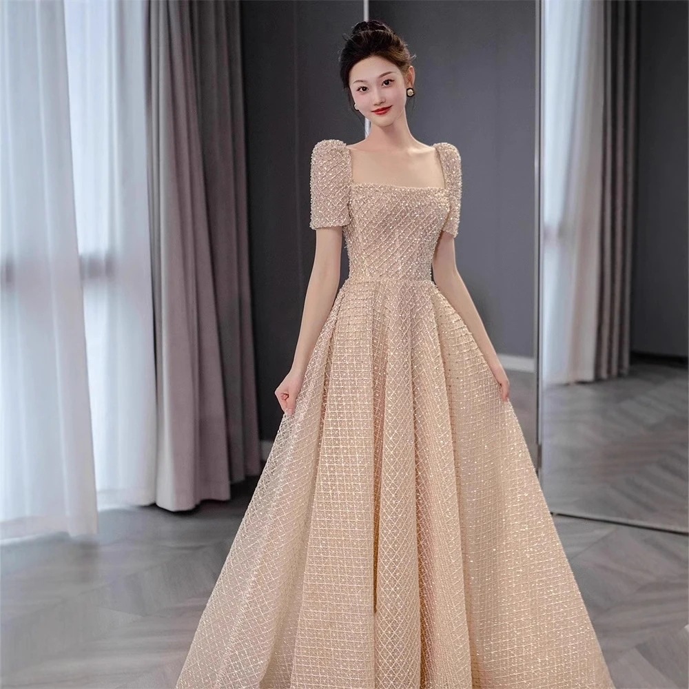 司会者 エレガント 晩餐会 スクエアネック シャンパンカラー 年次総会 ニッチ イブニングドレス