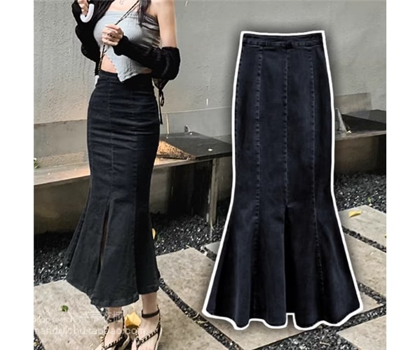 レディース スカート デニム デニムスカート マーメイドスカート ロングスカート ロング タイト スリム 細身 フェミニン スリット ハイウエスト ブルーデニム カラーデニム 薄手 綿 かわいい