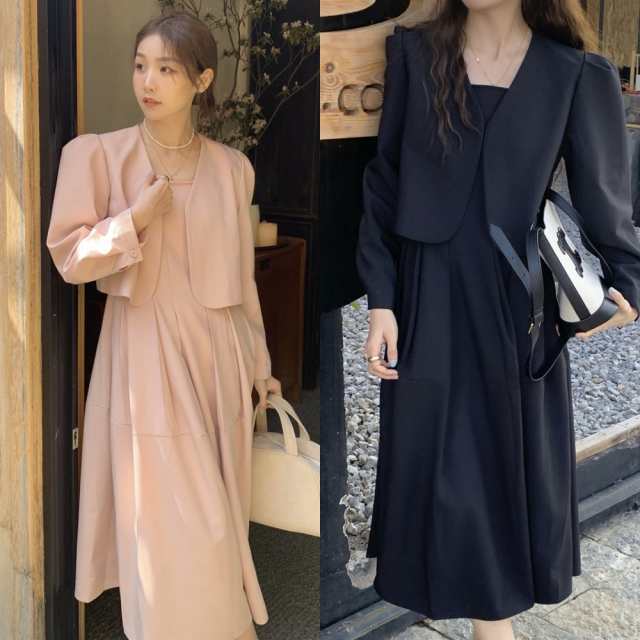 【2025新作入荷】2色 セットアップ ジャケット ワンピース 上下セット ツーピース レトロ かわいい 個性的 スーツ フォーマル 黒 ピンク 長袖 ボレロ ショ