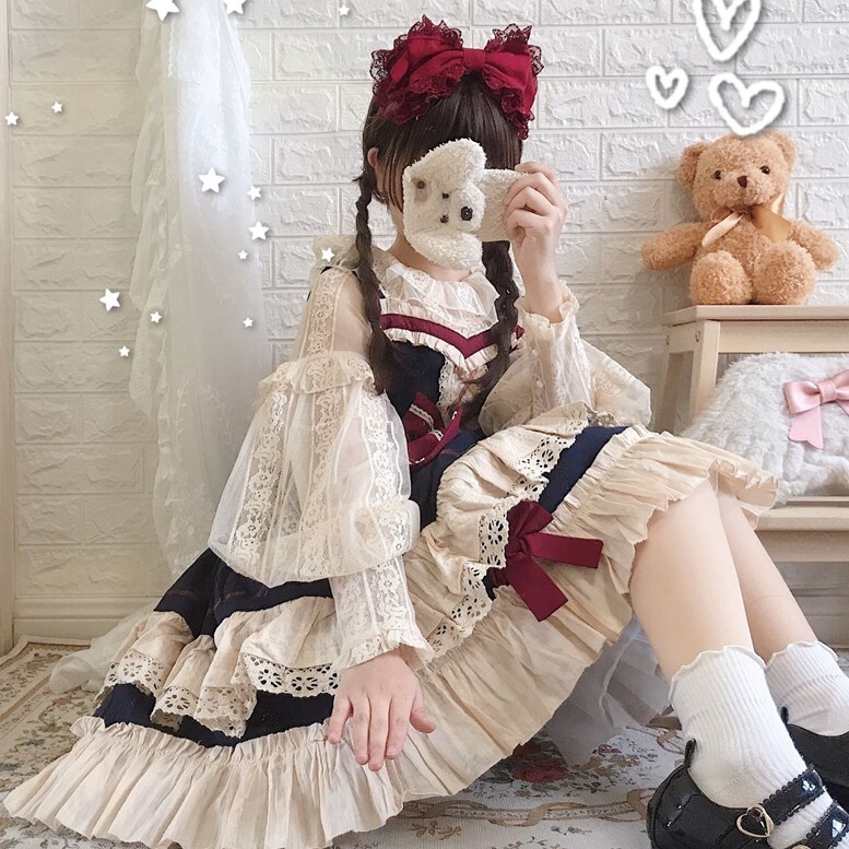 ワンピース ジャンパースカート 膝下 袖あり 長袖 ボリューム袖 ラウンドネック フレア Aライン レース フリル リボン ハイウエスト かわいい 大人可愛い おしゃれ ラブリー キュート ガーリー