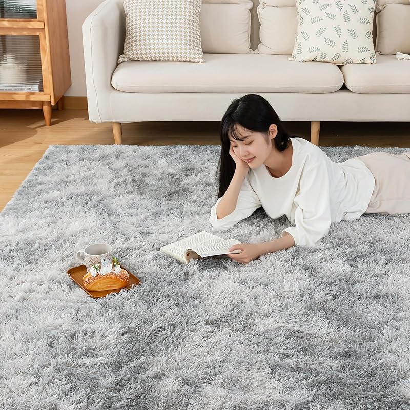 Sun Deco ラグ カーペット シャギーラグ 長方形 160×200cm 洗えるラグ ラグマット 滑り止め 防音絨毯 ふわっと手触り オールシーズン リビング用 じゅうたん 柔らかい (グレー,