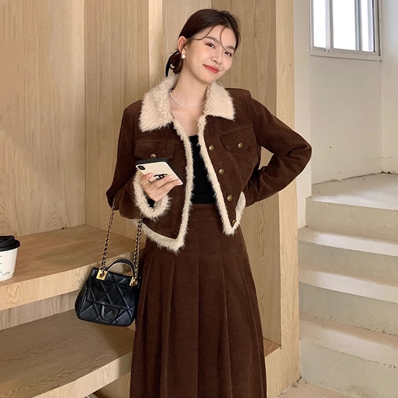 韓国デザイン　レトロ　可愛いセットアップ　人気レディースファッション　ジャケット+ハイウエストスカート