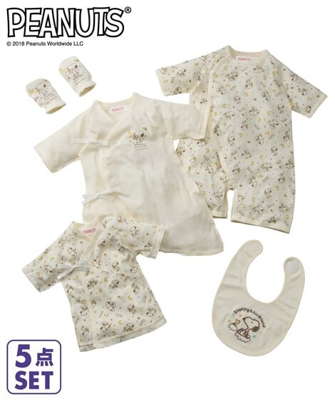 キッズ 子供 下着ディズニー＆スヌーピーベビーギフト５点セット（短肌着＋コンビ肌着＋兼用肌 ピンク系(ミニー) サックス系(ミッキー) クリーム系(プー) ベージュ系(スヌーピー)