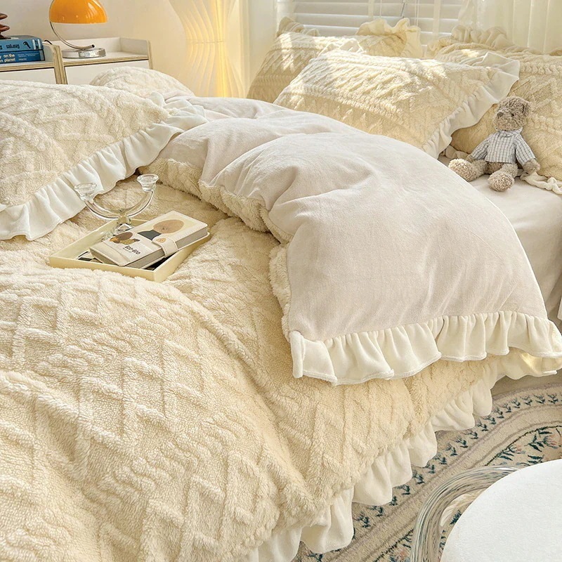 ニューレースタフタミルクベルベット4点セットシンプル無地プリンセス風フリル付き冬コーラルベルベット寝具