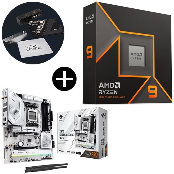 Ryzen 9 9900X W/O Cooler WOF CPU + ASRock X870 Steel Legend WiFi マザーボード + ASRockオリジナルマウスパッド