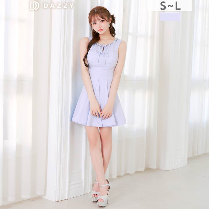 ノースリーブネックビジューダブルリボンAラインミニ丈キャバドレス[SML/3サイズ展開]