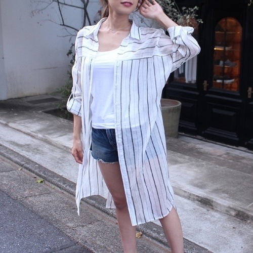 1399.ストライプロングシャツ（ホワイト）2019 春夏 sale カーディガン カーデ リボン トップス ワンピース 薄手 シースルー HS 冷房対策