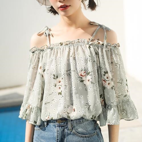 2229.花柄 シフォン フリル トップス(ライトブルー)