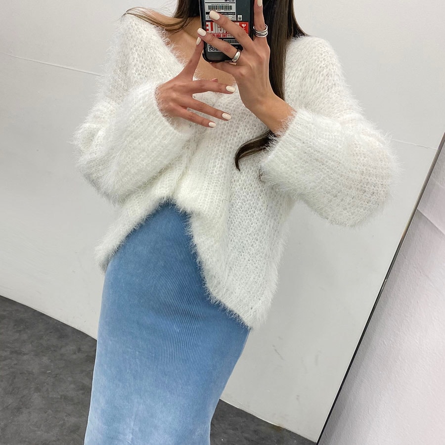 ルーズフィット ファー ニット か弱い カーディガン