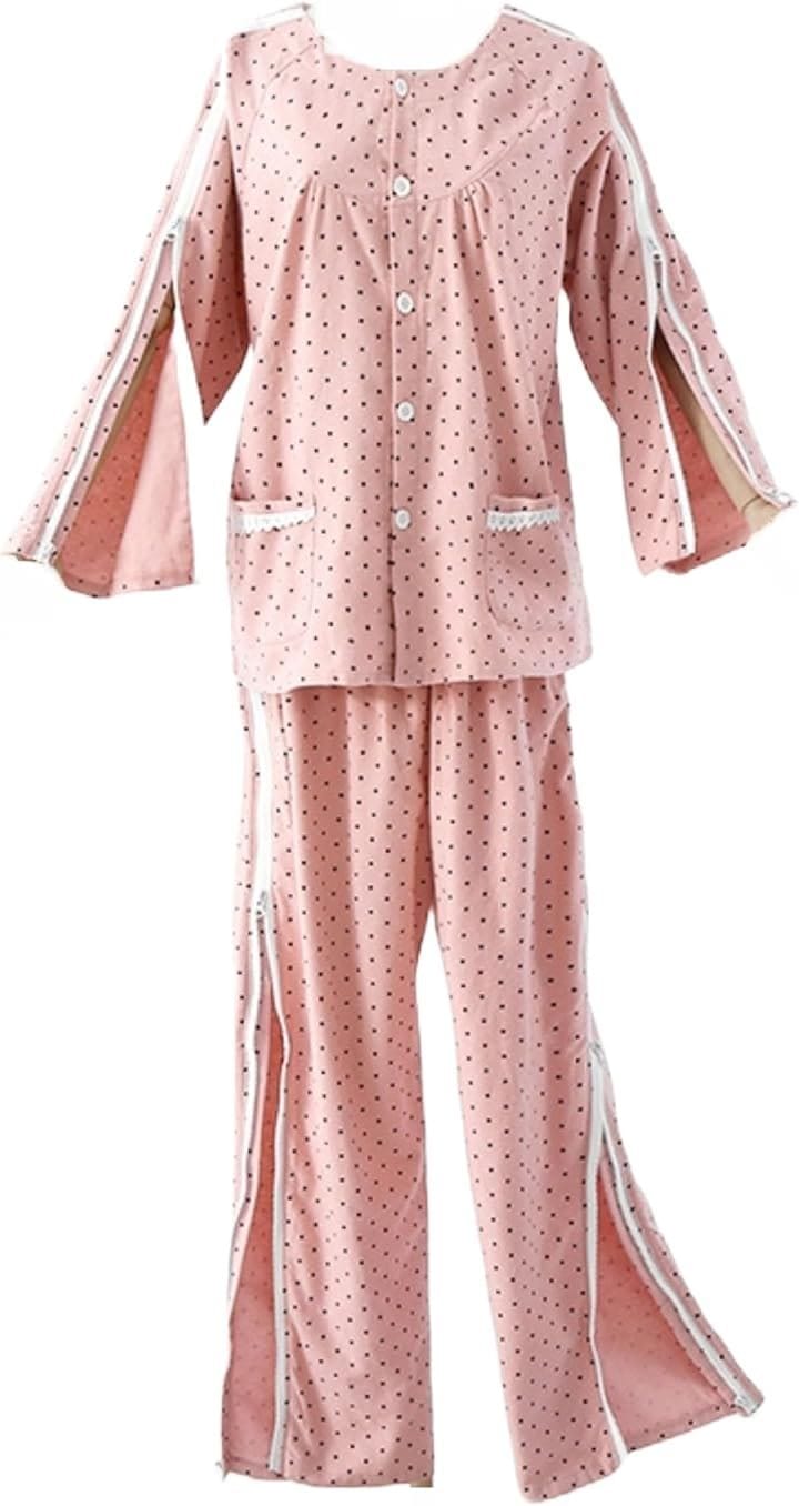 介護用パジャマ フルオープン 女性用 介助パジャマ 寝たきり ファスナー レディース(ピンクドットM, M-L Regular)
