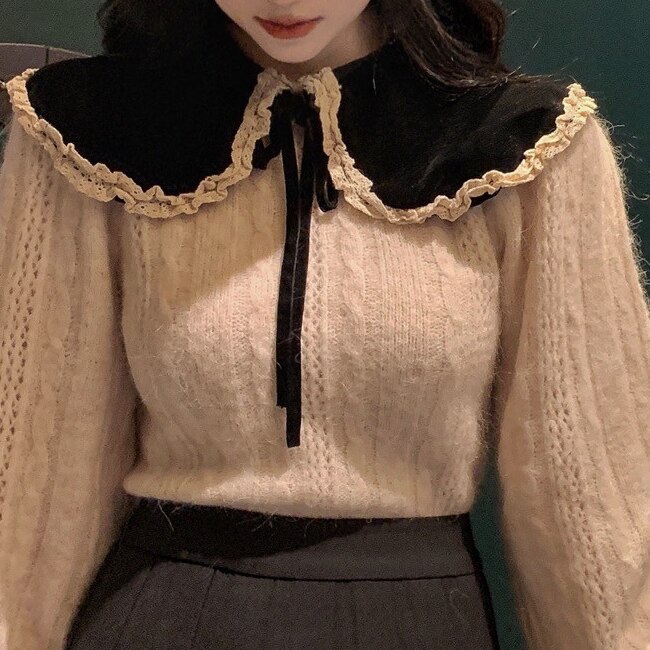 レトロ風 トップス カットソー ニット カーディガン プルオーバー 冬 春 秋 かわいい カジュアル ショート ショート丈 長袖 ボリューム袖 萌袖 ぽわん袖 ドールカラー ワイドカラー ビッグカラー