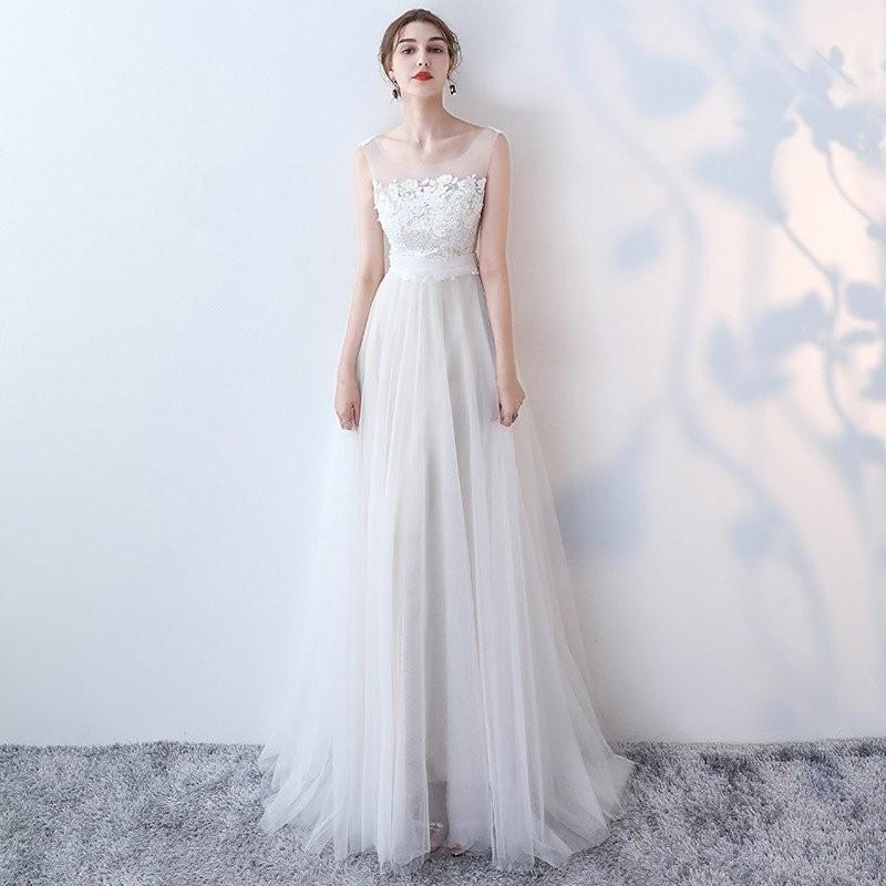 ウエディングドレス ウェディングドレス 二次会 ドレス 花嫁 Aライン 白 ワンピース 結婚式 演奏会 フォーマルドレス サッシュリボン-395