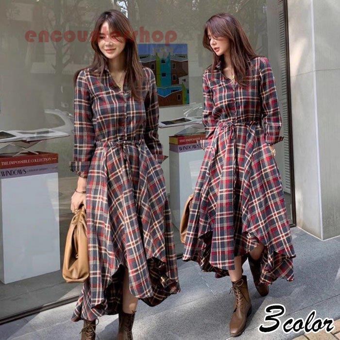 期間限定送料無料今年の流行 シャツワンピース レディース 40代 きれいめマキシ丈ワンピース 春秋 長袖ワンピース チェックワンピース フレアスカート オシャレ お出かけ 着痩せ 30代50代