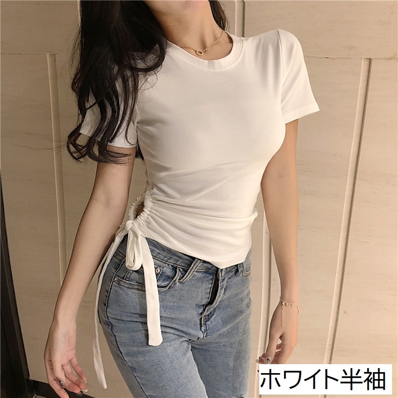 トップス シャツ カットソー プルオーバー 白シャツ 白トップス Tシャツ ウエストリボン スタイルアップ カジュアル 袖あり 半袖 長袖 襟なし ウエストマーク かわいい 大人可愛い 大人女子