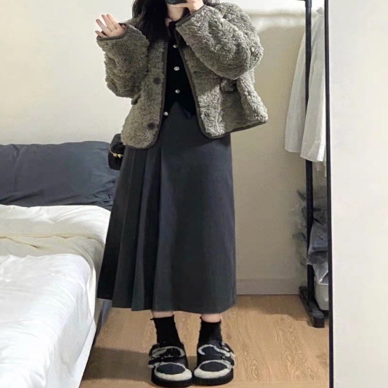レディース スカート ジャケット ボトムス ブルゾン フリース アウター 上着 2点セット 上下セット ノーカラージャケット ボアジャケット プリーツスカート フレアスカート ロングスカート ミモレ