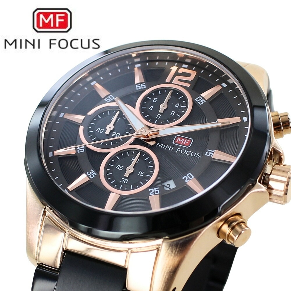 正規品 MINI FOCUS メンズ腕時計 クロノグラフ クォーツ 日付表示 ステンレスバンド かっこいい 腕時計 手表 メンズ 父の日 ブラック 黒文字盤 高級感 おしゃれ ビジネス 大人 カジュア