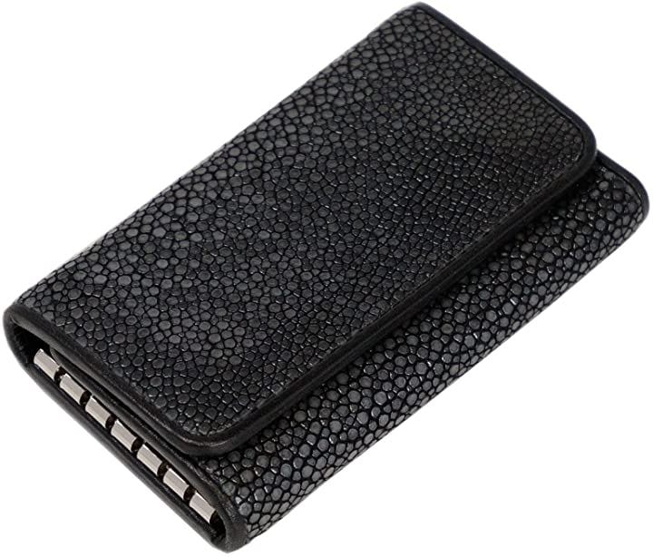 キーケース 本革 スティングレー 高級 エイ革 ポリッシュ 加工 ガルーシャ 人気(ブラック)