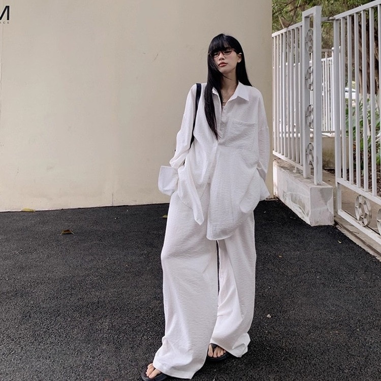 大人の余裕を纏う セットアップ レディース シャツ 長袖 ワイドパンツ 2点セット 選べる 上下セット オールドマネーオーバーサイズゆったり低身長小柄スラックス黒白韓国ファッション
