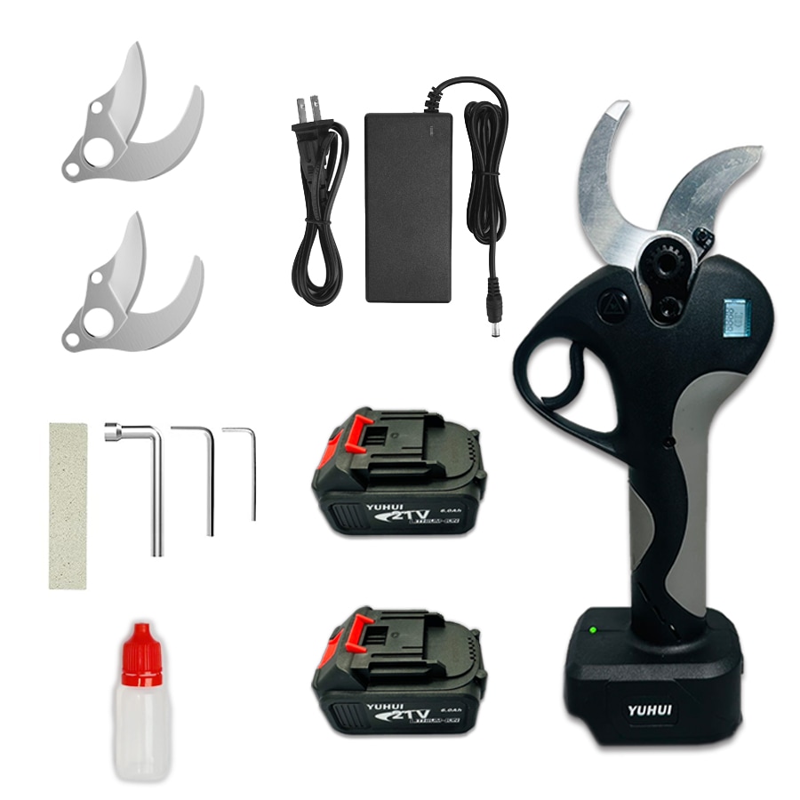 最強新型電動ハサミ 充電式 切断直径50mm 庭木/枝切り/果樹用/電線/ケーブルなど バッテリー2個&替刃2セット