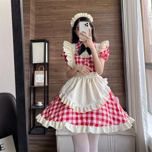 メイド服 ロリータ ワンピース コスチューム 飾り付き エプロン 髪飾り リボン チェック 文化祭 学園祭 メイドカフェ Lolita 長袖 コスプレ衣装 アニメ 可愛い ブラック レッド オーバーサ