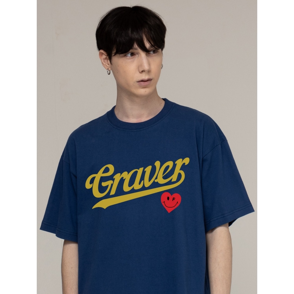 GRAVER ベースボールロゴハートスマイルショートスリーブ T シャツブルーシャドウ