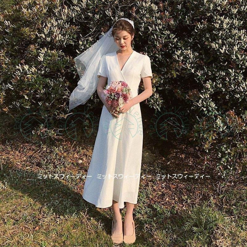 ホワイト パーティードレス 結婚式 前撮り エレガント 韓国 白 ウェディングドレス 結婚式 レースミックス エレガント 韓国