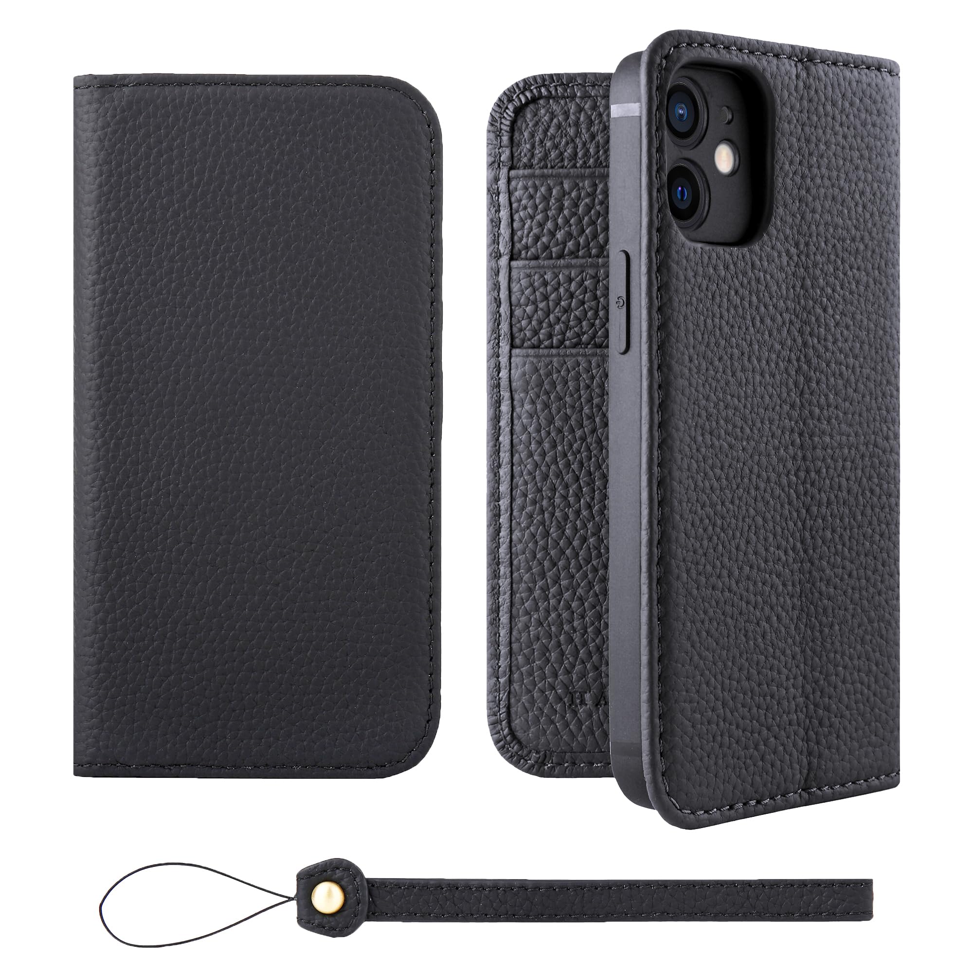 HANATORA iPhone12mini ケース 手帳型 本革 スマホケース スマホ スタンド ストラップ 付き シュリンクカーフレザー ギフト ベルトなし マグネットなし ブラック H0XA-12