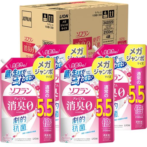 ソフラン プレミアム消臭 詰替メガジャンボ2100ML×4個 フローラルアロマ 生乾きでも菌を生ませずニオわせない 柔軟剤 抗菌 部屋干し 汗臭 体臭 加齢臭 靴下臭
