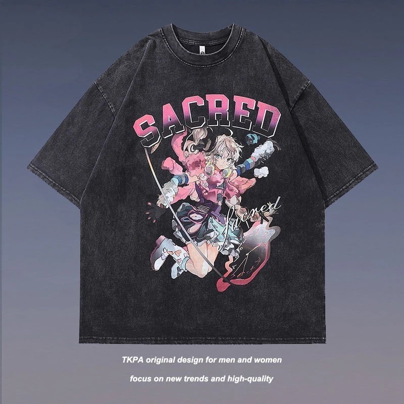 TKPA ストリート ファッション ブランド オーバーサイズ ウォッシュ加工 ダメージ加工 半袖 カップル Tシャツ 男女兼用 ヒップホップ 多用途 半袖 ボトムス