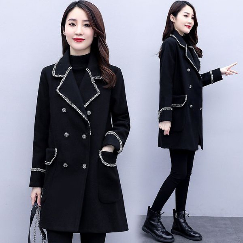 チェスターコートレディース秋冬チェスターコート黒ミディアム丈ラシャコート厚オーバーゆったりアウター通勤着痩せオシャレ大人