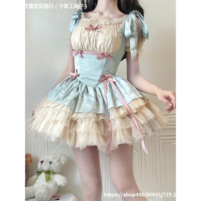 小さなリボンロリータ ロリータドレスspバレエ風ドレス サスペンダースカート ケーキスカート プリンセスドレス 夏