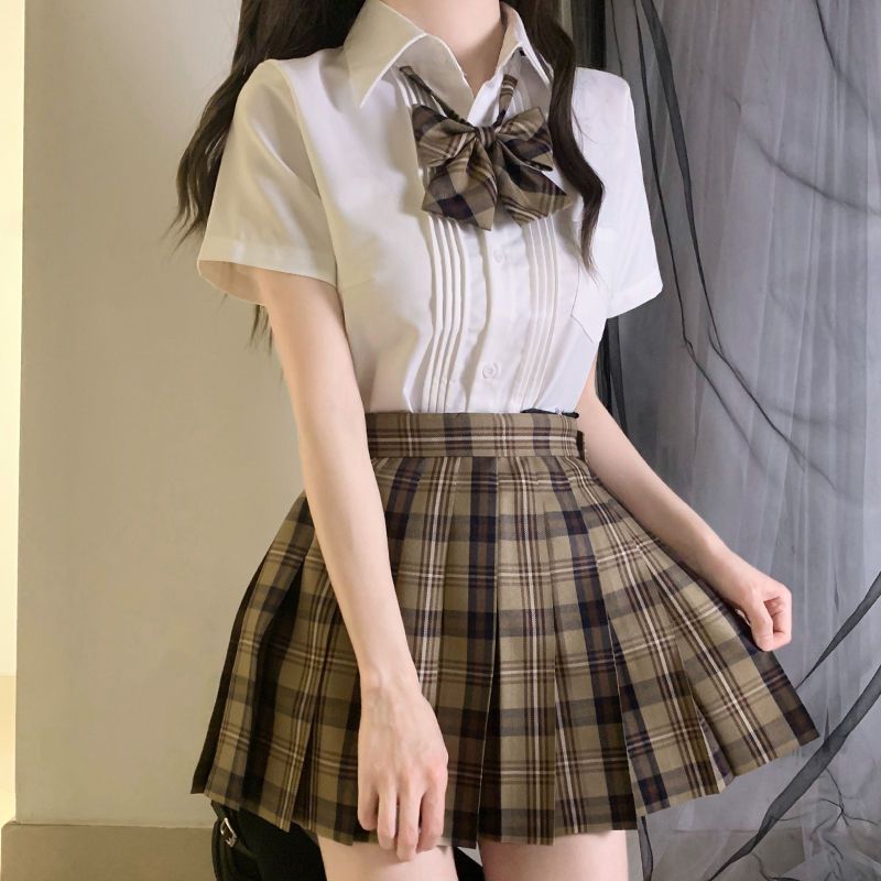 【1つ買うと10つ無料】Jkユニフォームシャツカレッジブラウン格子形のスカートスーツ用途ルーズアコーディオンプリーツ短袖シャツ